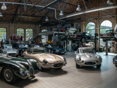 Panoramic view of the workshop for the repair and maintenance of English classic retro cars on May 01, 2019 in Berlin, Germany.
