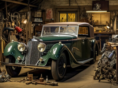 veteran car in the garage, made with Generative AI.
