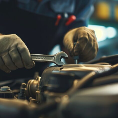 Mechanic Fixing A Car Engine With A Wrench In An Auto Repair Shop. Сoncept Vintage Car Restoration, Expert Mechanics, Classic Automotive Workshop, Precision Engine Repair, Skilled Auto Technicians